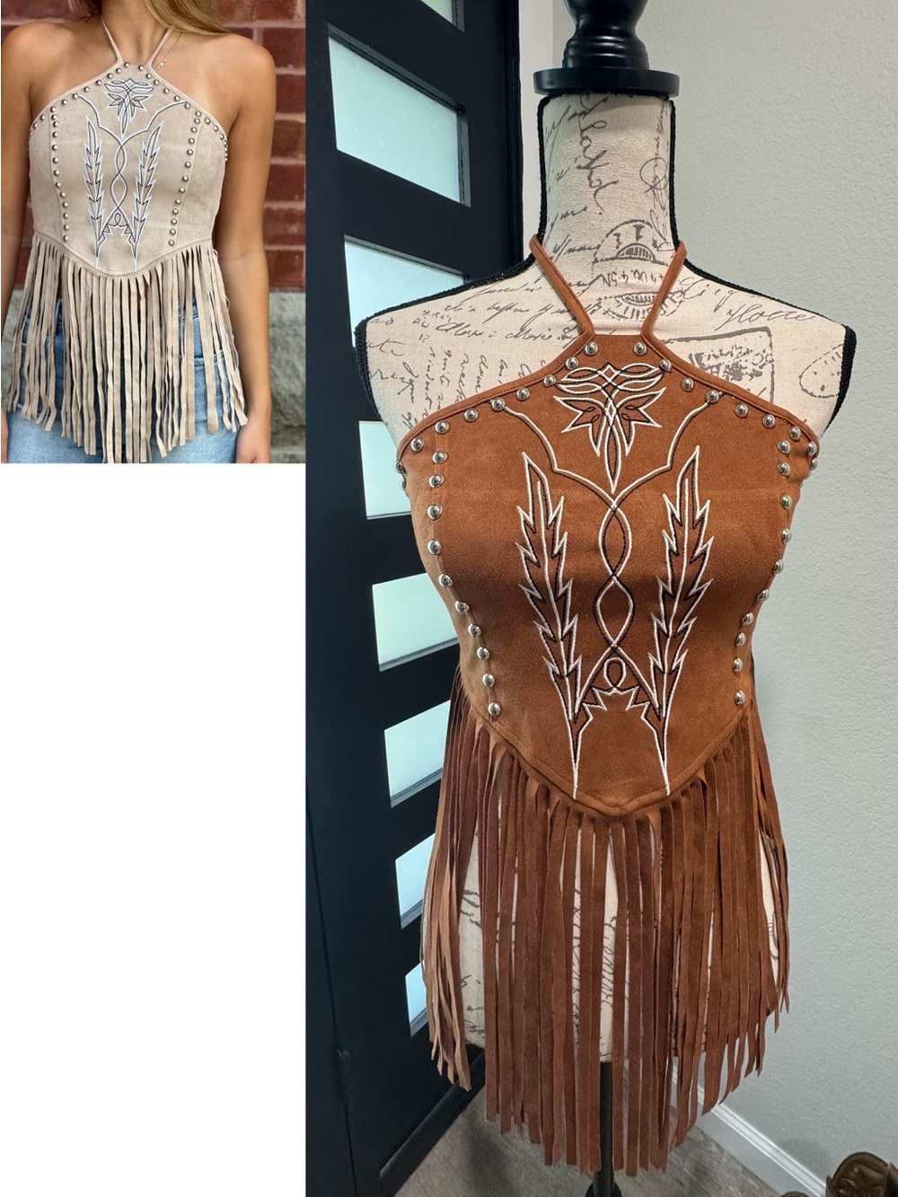 NWT Lucky & Blessed Brown Suede Fringe Halter Top with White Embroidery